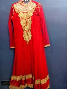 Red Anarkali Gown with Gold Embellishments