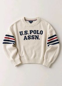 CREAM U.S. POLO STRIPED SLEEVE SWEATER