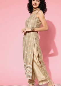 Elegant Beige Embroidered Kurta Set with Dupatta