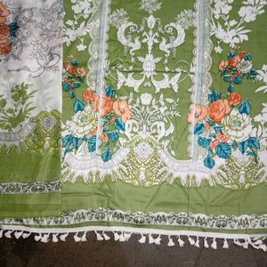 Green Floral Print dress material with lace work