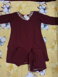 Maroon Kurta Set with Embellished Neckline