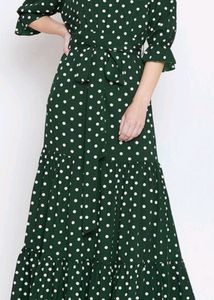 Dark Green Polkadot Long Dress, With Matching West