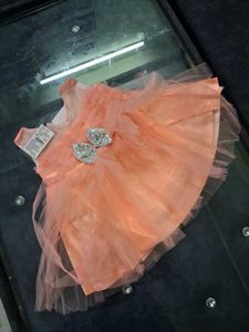 Peach Tulle Dress with Rhinestone Bows