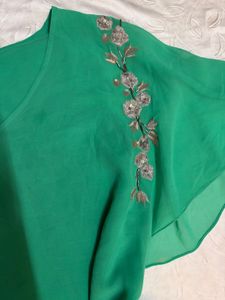 Emerald Green Embellished Flutter Sleeve Top