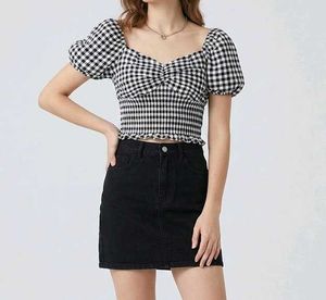 Gingham Puff Sleeve Smocked Crop Top