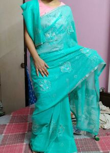 Elegant Turquoise Embroidered Saree