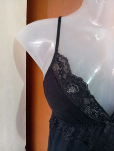 Elegant Black Lace Trim Nightgown