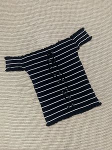 Striped Off-Shoulder Lace-Up Top
