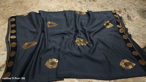 Elegant Grey Saree with Gold Border