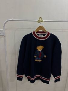 Bear Embroidery Knit Navy Blue Pullover🧸