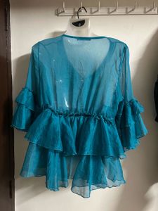 Stunning Teal Ruffled Top with Embellished Necklin
