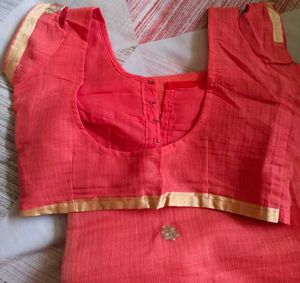 Elegant Coral Peach Saree With Stitched Blouse