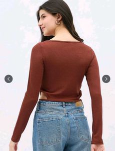 Rust Brown Ribbed Long-Sleeve Fitted Top