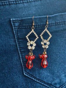 White Crystal Red Beaded Drop Earrings