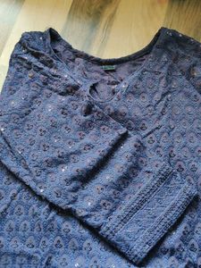 full chikankari Embellished Navy Blue long Kurta
