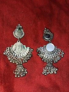 Oxidized Silver Jhumka Earrings with Mirror