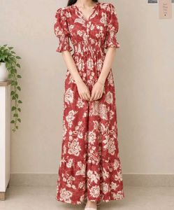 Red Floral Maxi Dress with Puff Sleeves