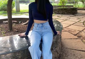 Navy Blue Long Sleeve Crop Top