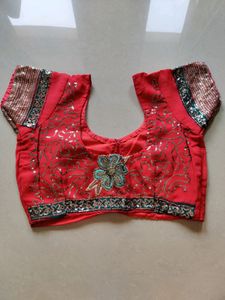 Heavy Designer Tomato Red &amp; Blue Saree With Blouse