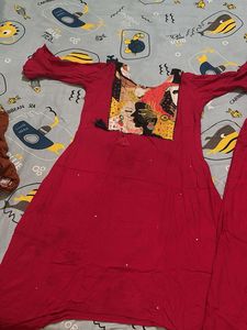 Red Kurta Set with Embellished Neckline