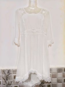 Elegant White Lace Trimmed High-Low Dress