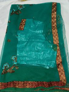 Emerald Green Embroidered Saree with blouse