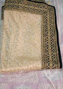 Elegant Cream &amp; Gold Embroidered Saree