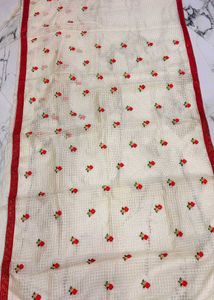 Cream Floral Embroidered Saree with Red Blouse