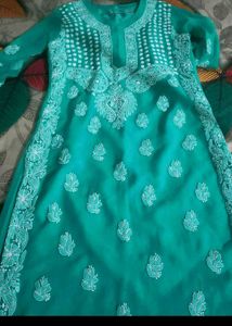 Teal chikankari Embroidered Kurta &amp;bottom Set