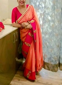 Elegant Peach & Red Embroidered Saree
