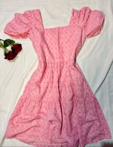 Pink Puff Sleeve Mini Embroidered Dress