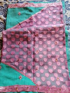 Crepe Teal with Pink Border Saree NO BLOUSE