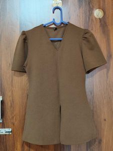 Stylish Brown V-Neck Puff Sleeve Top