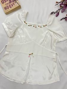 Chic White Puff Sleeve top,front slit