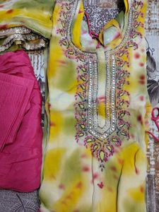 Yellow Kurta Set with Embellished Neckline