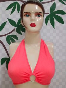 (1013)Bright Pink Ring Detail Halter Bikini Top