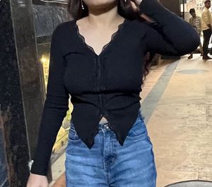 Black Lace Trim Ribbed Top
