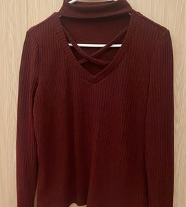 Maroon Ribbed Mock Neck Top