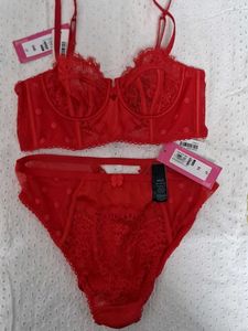 M&S Red Lace Bra and Panty Set
