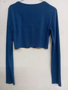 Blue Cropped Cardigan with Buckle Detail