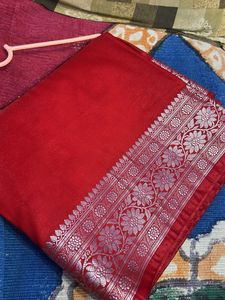 Elegant Red Silk Saree with Silver Border