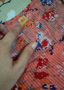 Peach Floral Print Kurta with Pom-Pom Trim