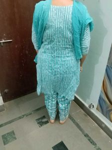 Turquoise Block Print Cotton Salwar Kameez Set