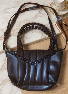 Women's Dark Brown Pleated Mini Satchel Handbag wi