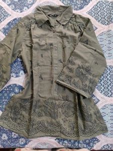 Olive Green Kurta with Floral Print