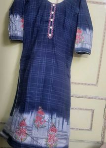Blue Checkered Kurta with Floral Border