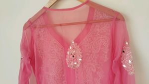 Pink Mirror Work chickenkari kurti