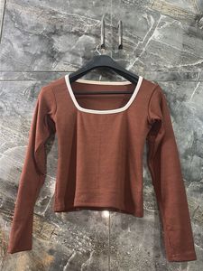 Brown Square-Neck Full-Sleeve Crop Top 🤎