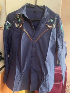 Navy Blue Embroidered Button-Up Shirt