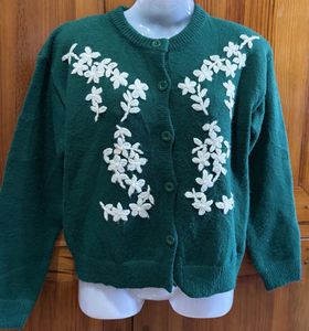 Green Embroidered Button-Up Cardigan